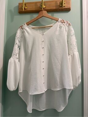 Beacon White Lace-Shoulder Button Blouse
